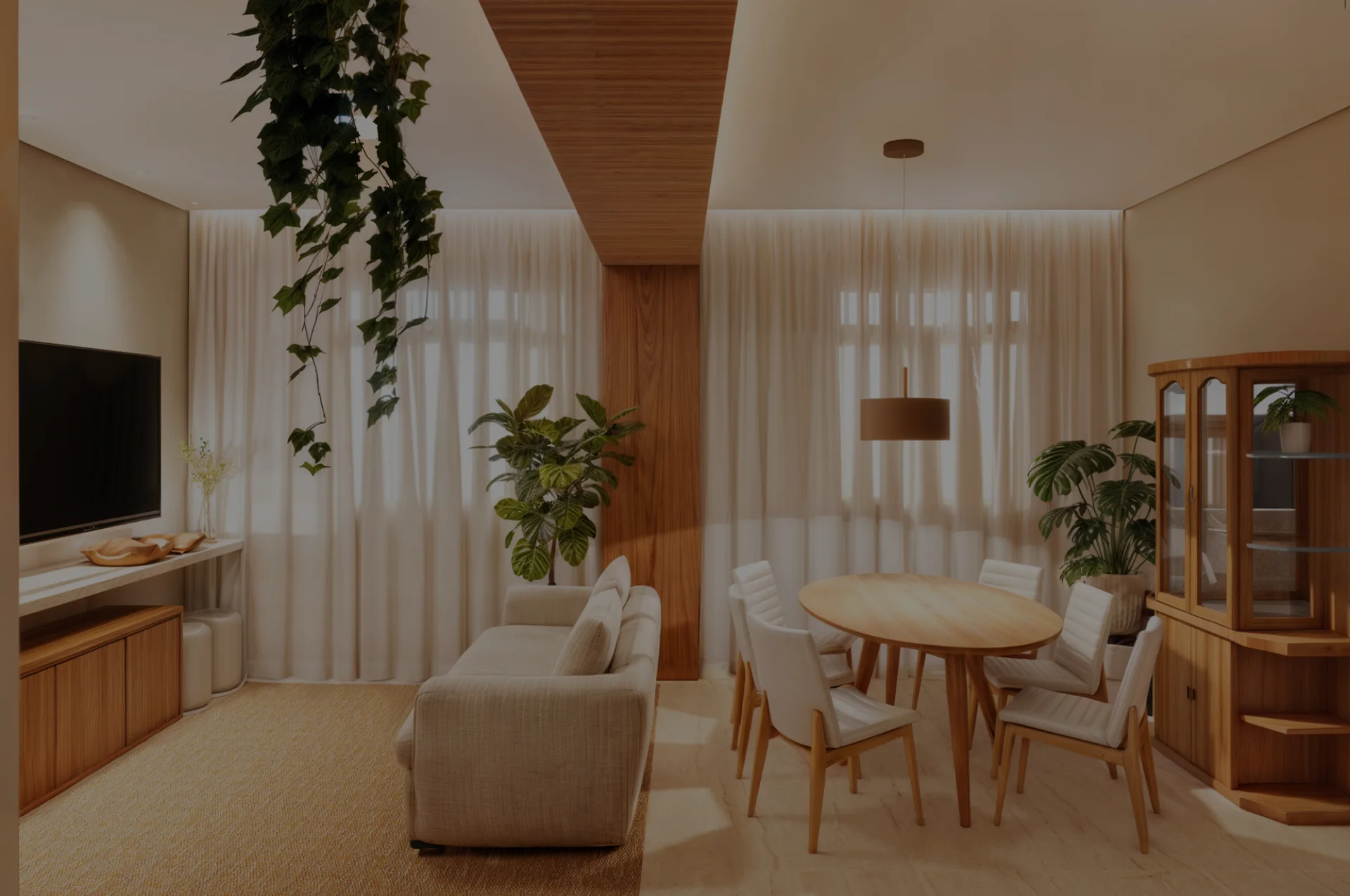 Visualização de interiores da Luma, com estar e jantar integrados