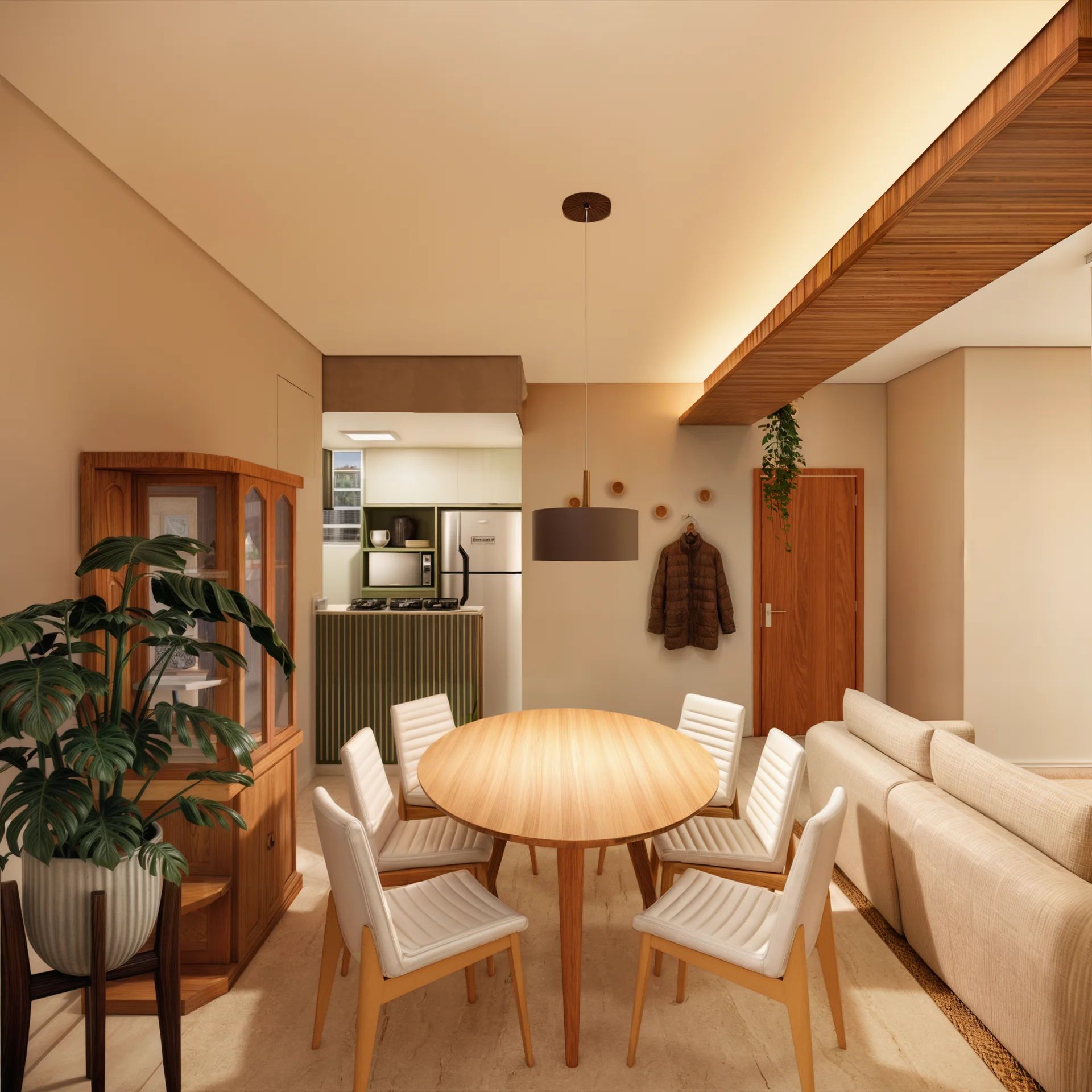 Sala, jantar e cozinha integradas em uma proposta de interiores da Luma